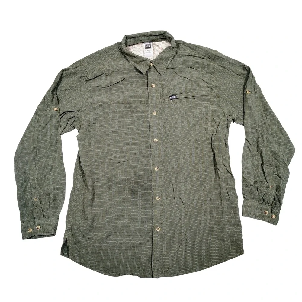 The North Face Button Down Mens XL Green Utility Grid Modal Polyester Shirt